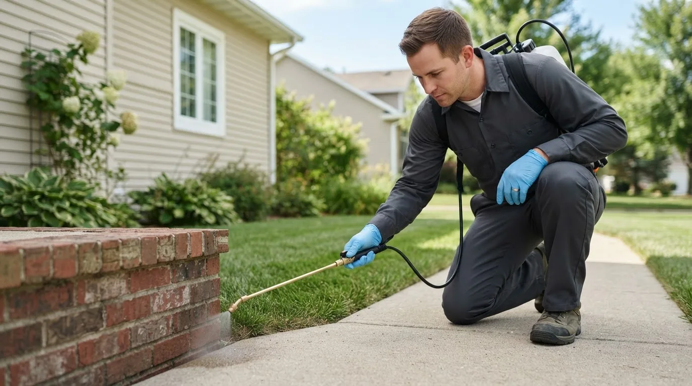 Pest control technician treating a home near Groton, CT